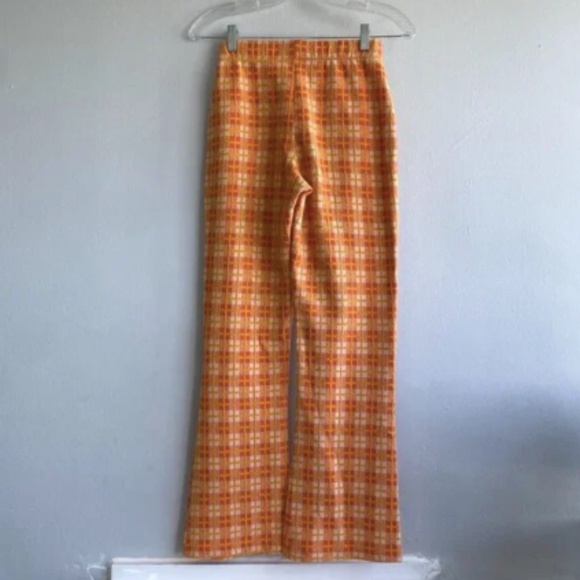 URBAN OUTFITTERS Knit Flare Checked Orange Pants High Waisted - Small - Picture 4 of 5